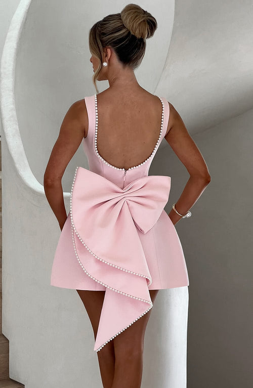 Ava | Charming Pink Mini Dress With Pearl Trim And Oversized Bow