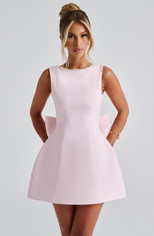 Ava | Charming Pink Mini Dress With Pearl Trim And Oversized Bow 0