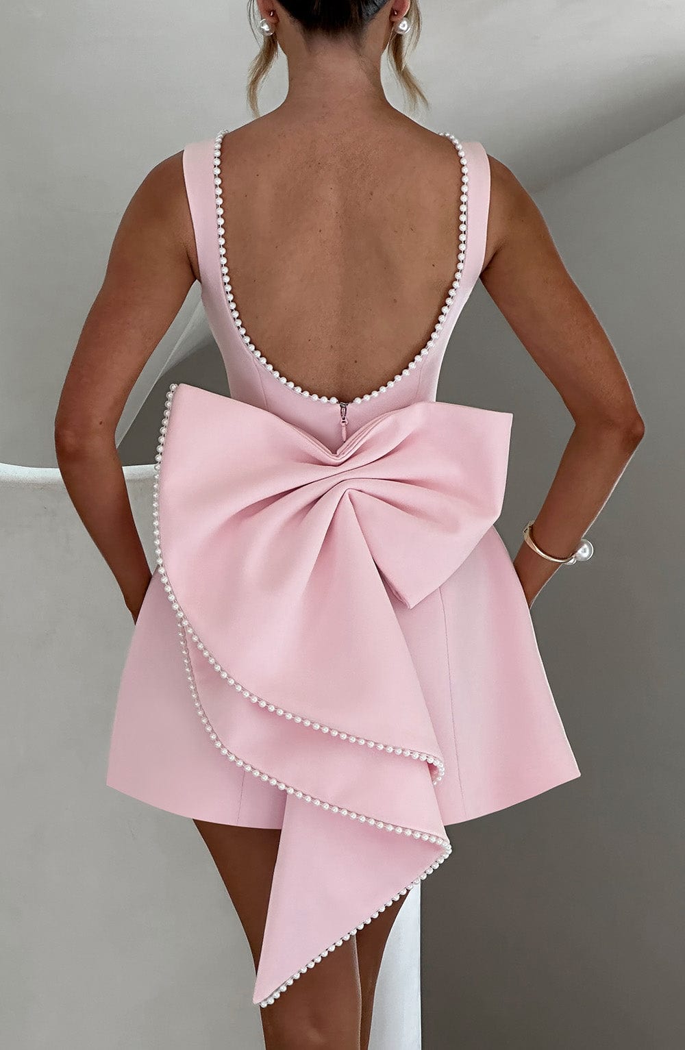 Ava | Charming Pink Mini Dress With Pearl Trim And Oversized Bow 3