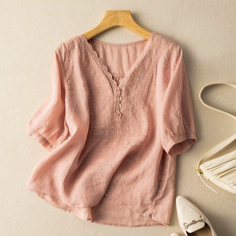Blouse Women | Embroidered V-Neck & Relaxed Rolled Sleeve Design