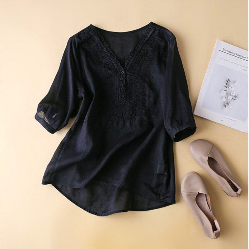 Blouse Women | Embroidered V-Neck & Relaxed Rolled Sleeve Design