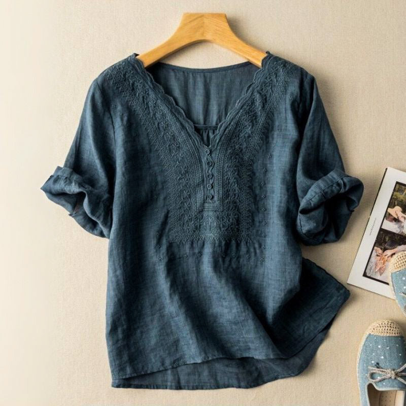 Blouse Women | Embroidered V-Neck & Relaxed Rolled Sleeve Design