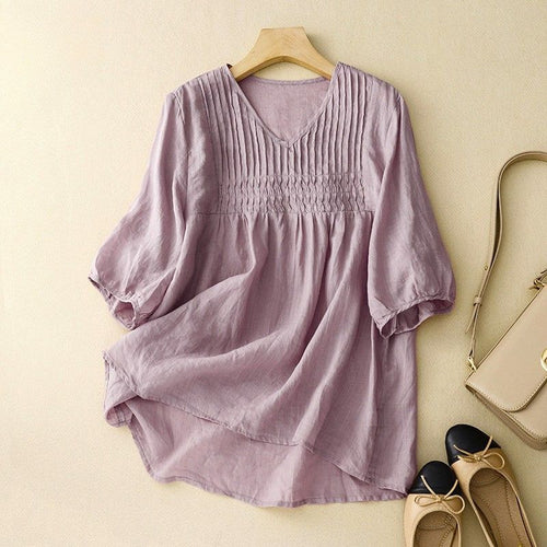 Blouse Women | V-Neck Pintuck & Smocked Waist Relaxed Summer Style