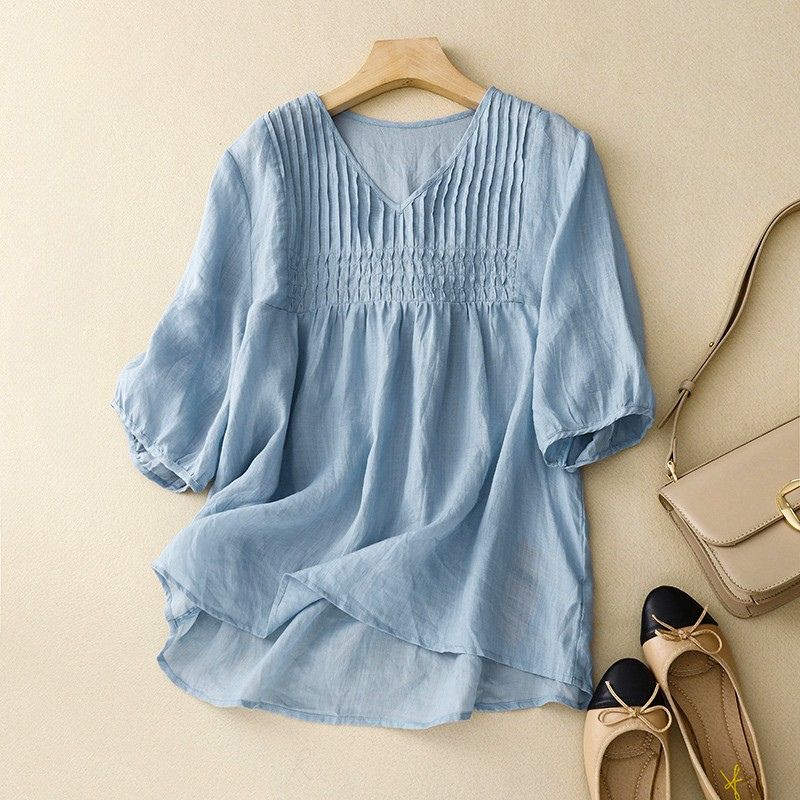 Blouse Women | V-Neck Pintuck & Smocked Waist Relaxed Summer Style
