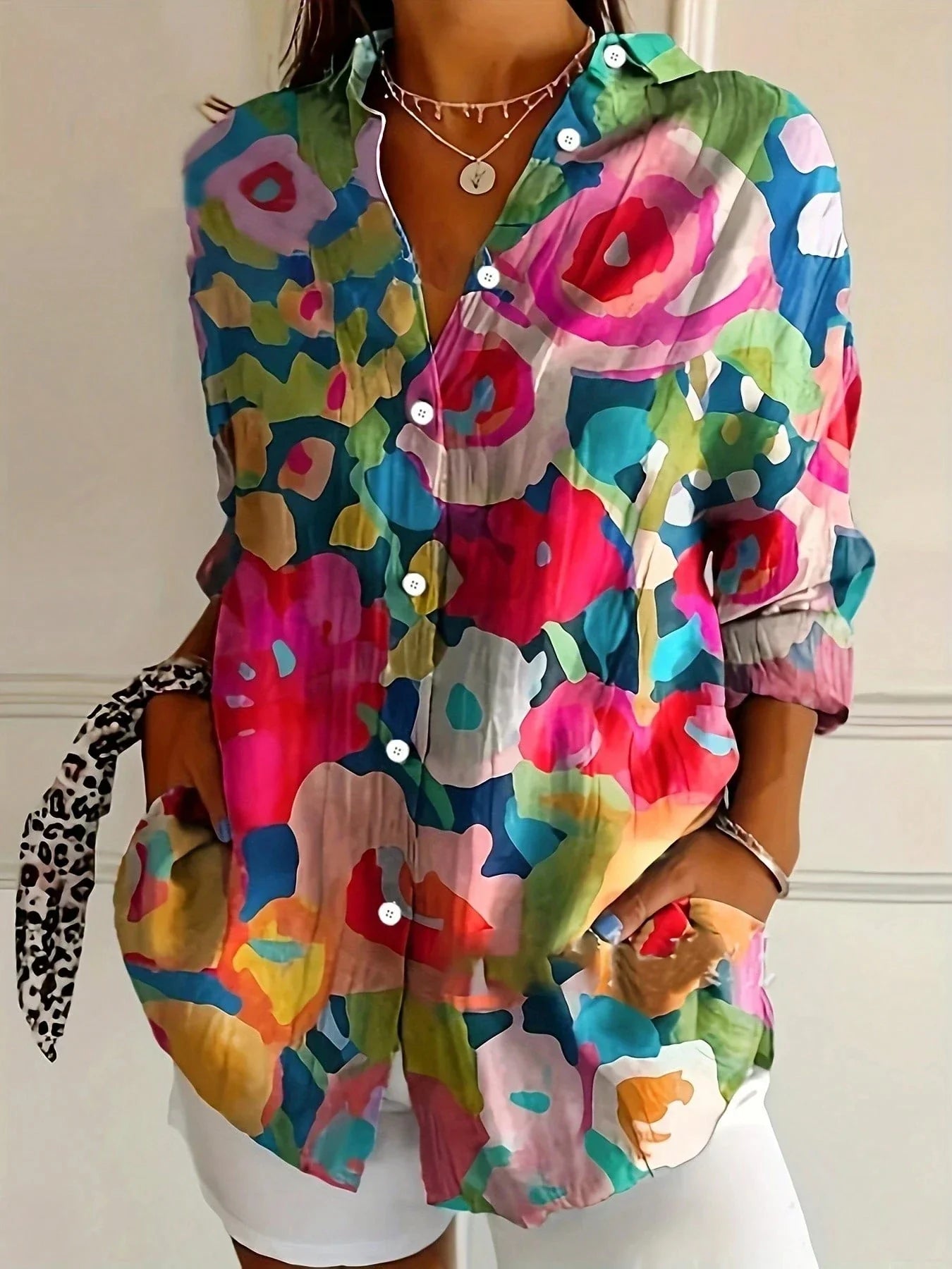 Blouse Women's | Abstract Floral Print & Button Front Shirt Collar