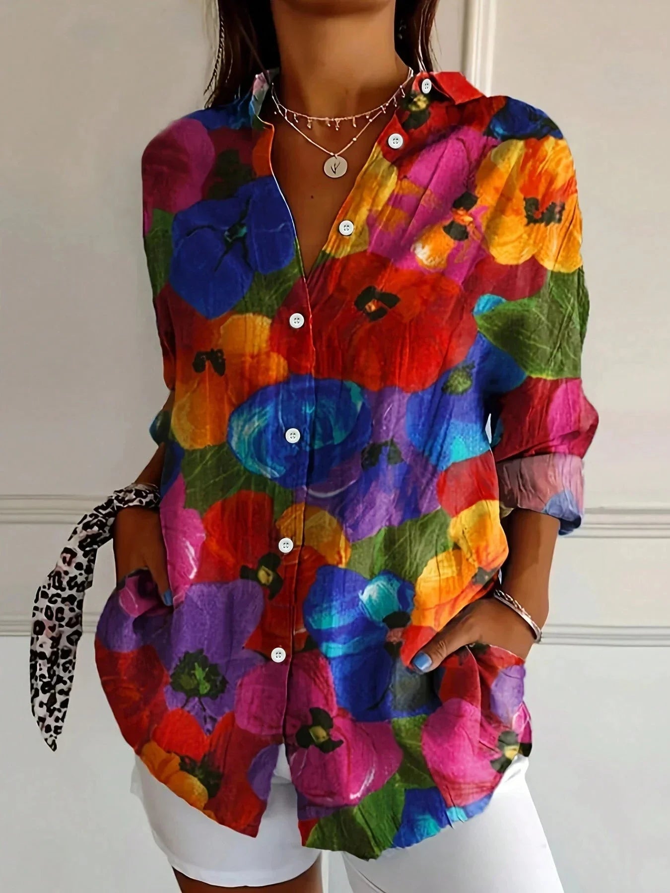 Blouse Women's | Abstract Floral Print & Button Front Shirt Collar
