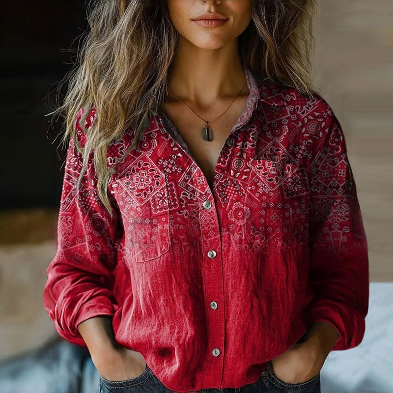 Blouse Women's | Bohemian Vintage Print & Button-Down Collar