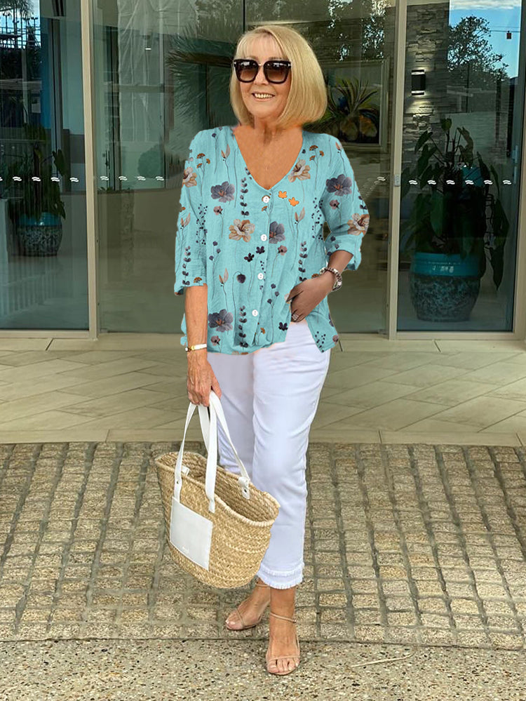 Blouse Women's | Floral Embroidered V-Neck & Button Front
