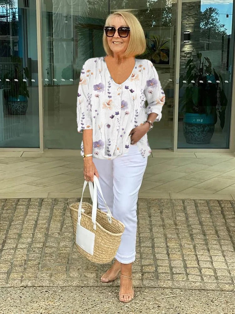 Blouse Women's | Floral Embroidered V-Neck & Button Front