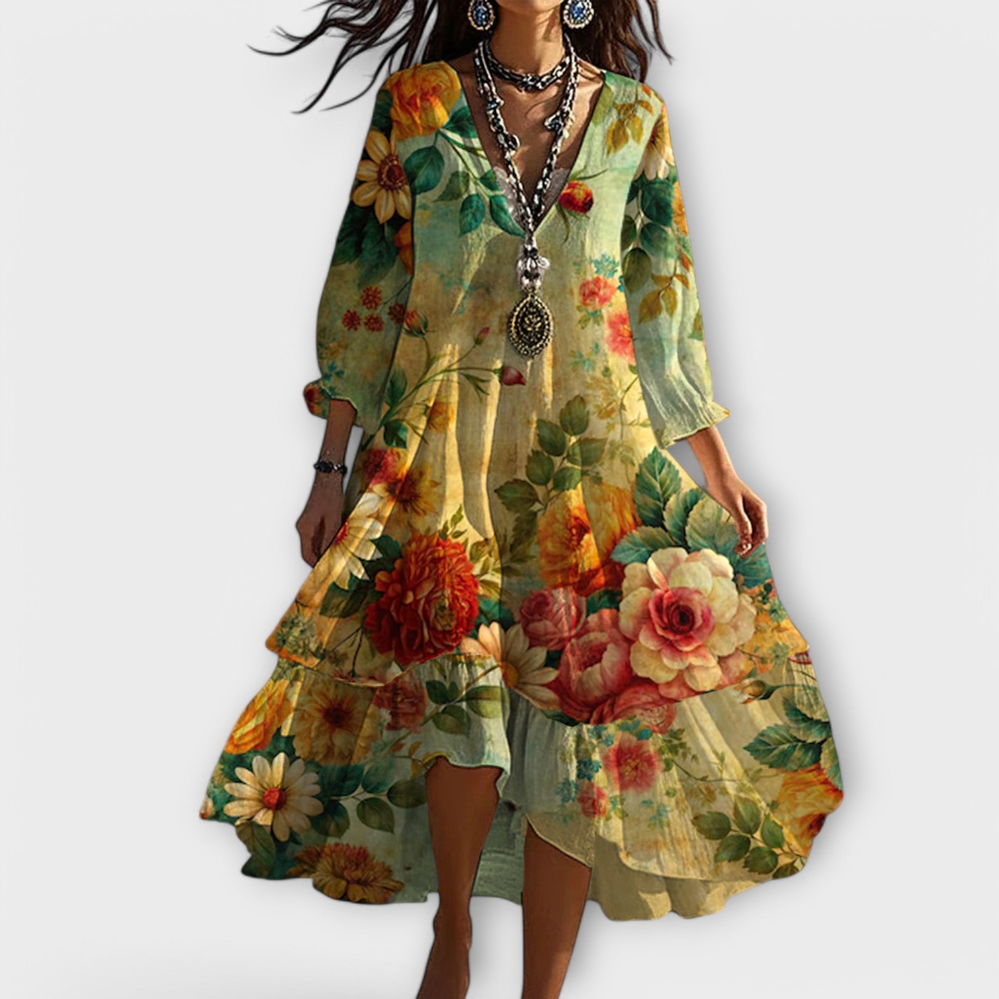 Boho Midi Dress Women's | Floral Print V-Neck & Tiered Ruffle Hem