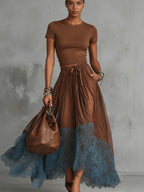 Brown & Blue Lace Tulle Skirt Set 0