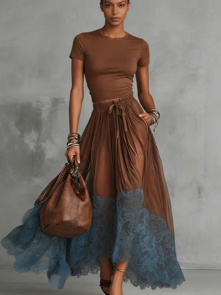 Brown & Blue Lace Tulle Skirt Set 0