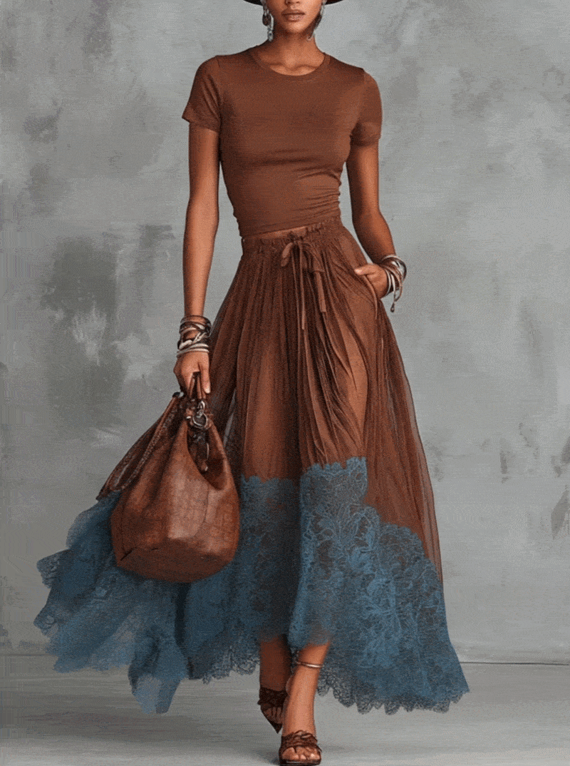 Brown & Blue Lace Tulle Skirt Set 2