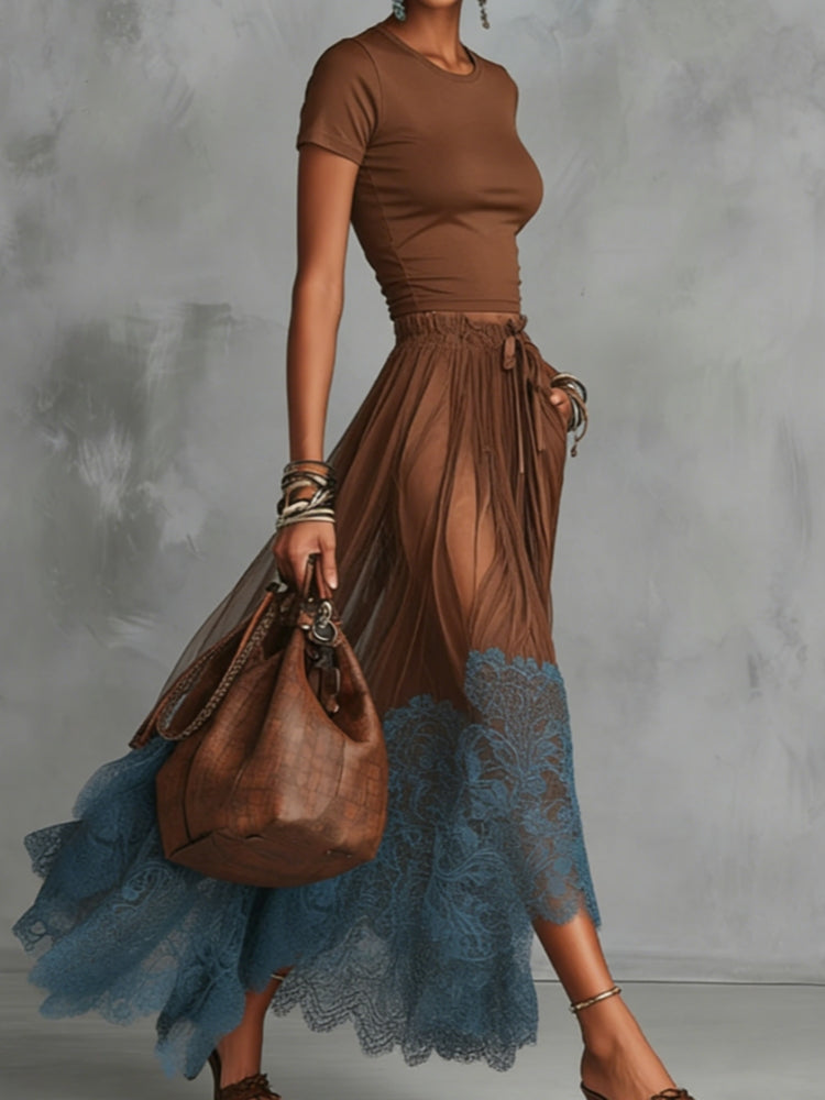 Brown & Blue Lace Tulle Skirt Set 4