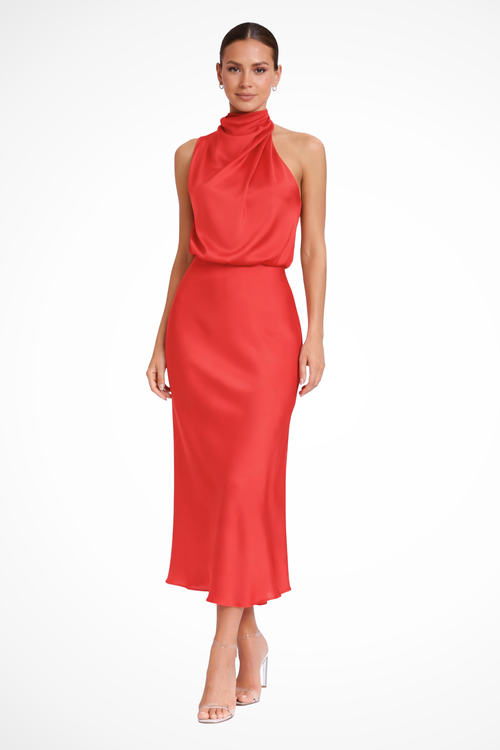 Ella | Elegant Satin Midi Dress for Wedding Guests