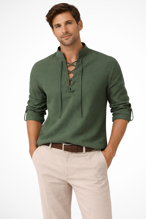 Ethan | Stylish Casual Linen Shirt with Lace-Up Detail