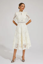Freya - Embroidered Midi Dress with High Neck 0