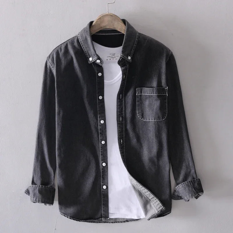 Men's Denim Polo | Long Sleeve & Button-Down Collar