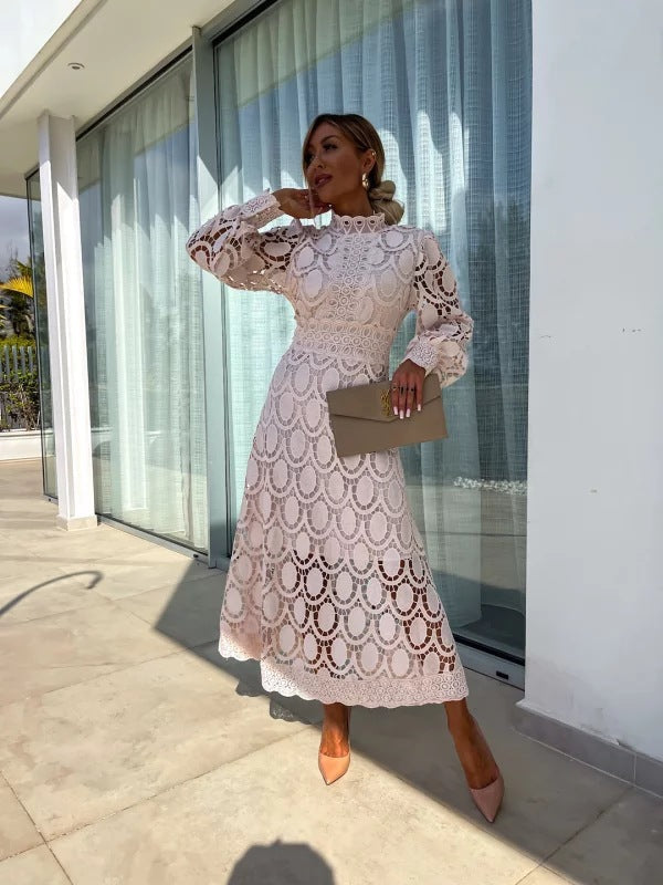 Luna Fashion House | Lace Puff Sleeve Dress – Elegant High Neck Occasion Dress 1