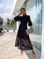 Luna Fashion House | Lace Puff Sleeve Dress – Elegant High Neck Occasion Dress 4