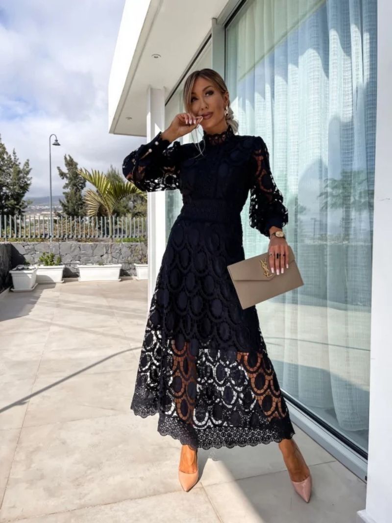 Luna Fashion House | Lace Puff Sleeve Dress – Elegant High Neck Occasion Dress 4