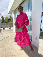 Luna Fashion House | Lace Puff Sleeve Dress – Elegant High Neck Occasion Dress 5
