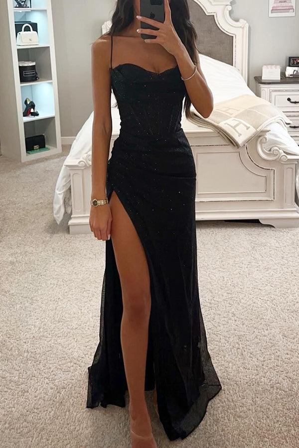 Luna Fashion House | Women’s Corset Maxi Dress with Slit – Spaghetti Strap Evening Dress 0
