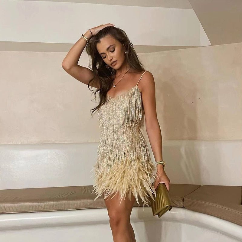 Luna Fashion House | Women’s Sequin Mini Dress with Feather Trim – Party & Evening Dress 4