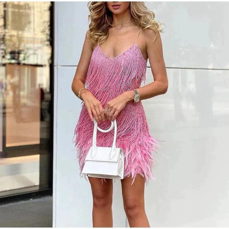 Luna Fashion House | Women’s Sequin Mini Dress with Feather Trim – Party & Evening Dress 7