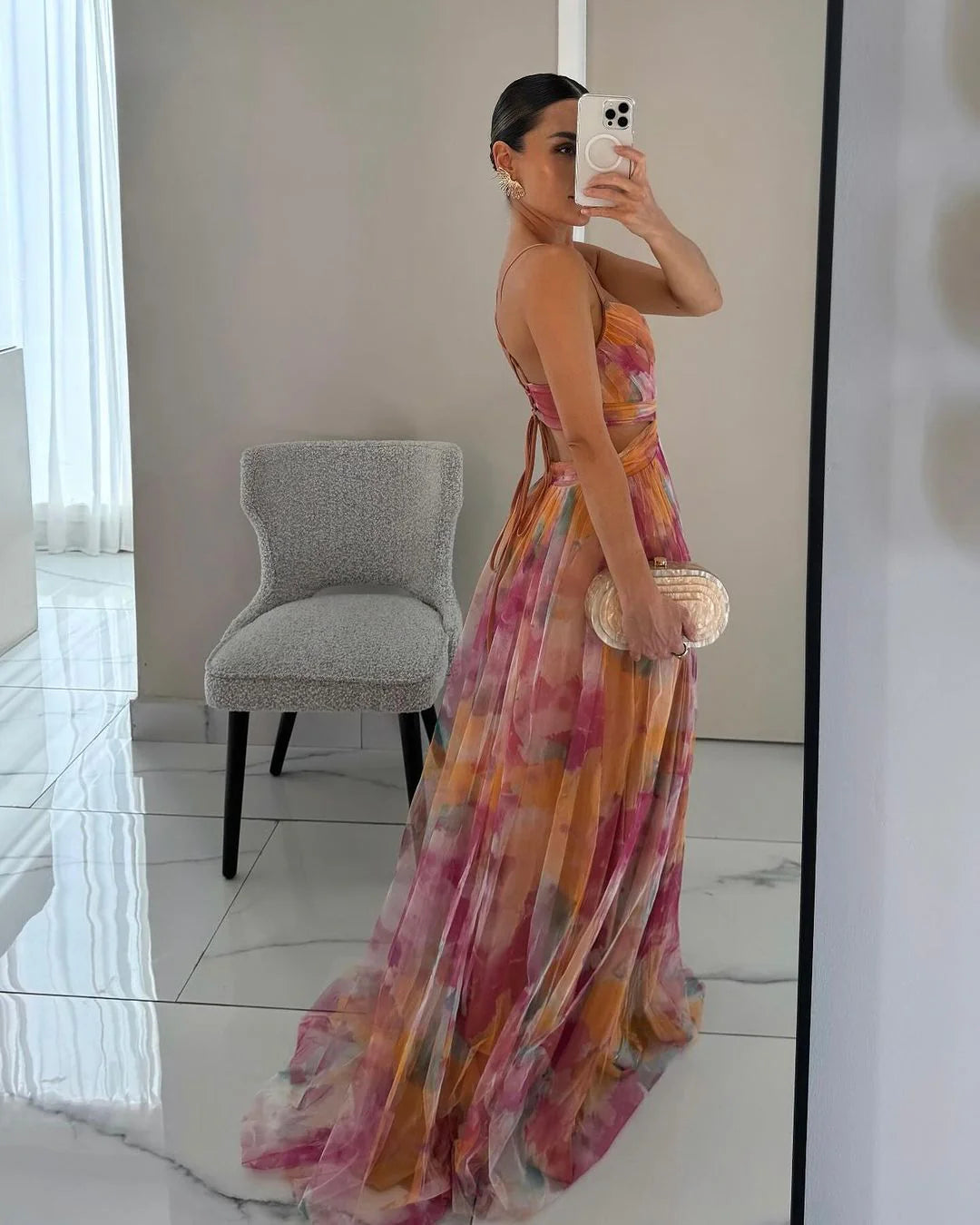 Maxi Dress Women | Floral Tulle Cut-Out Waist & Spaghetti Strap Gown