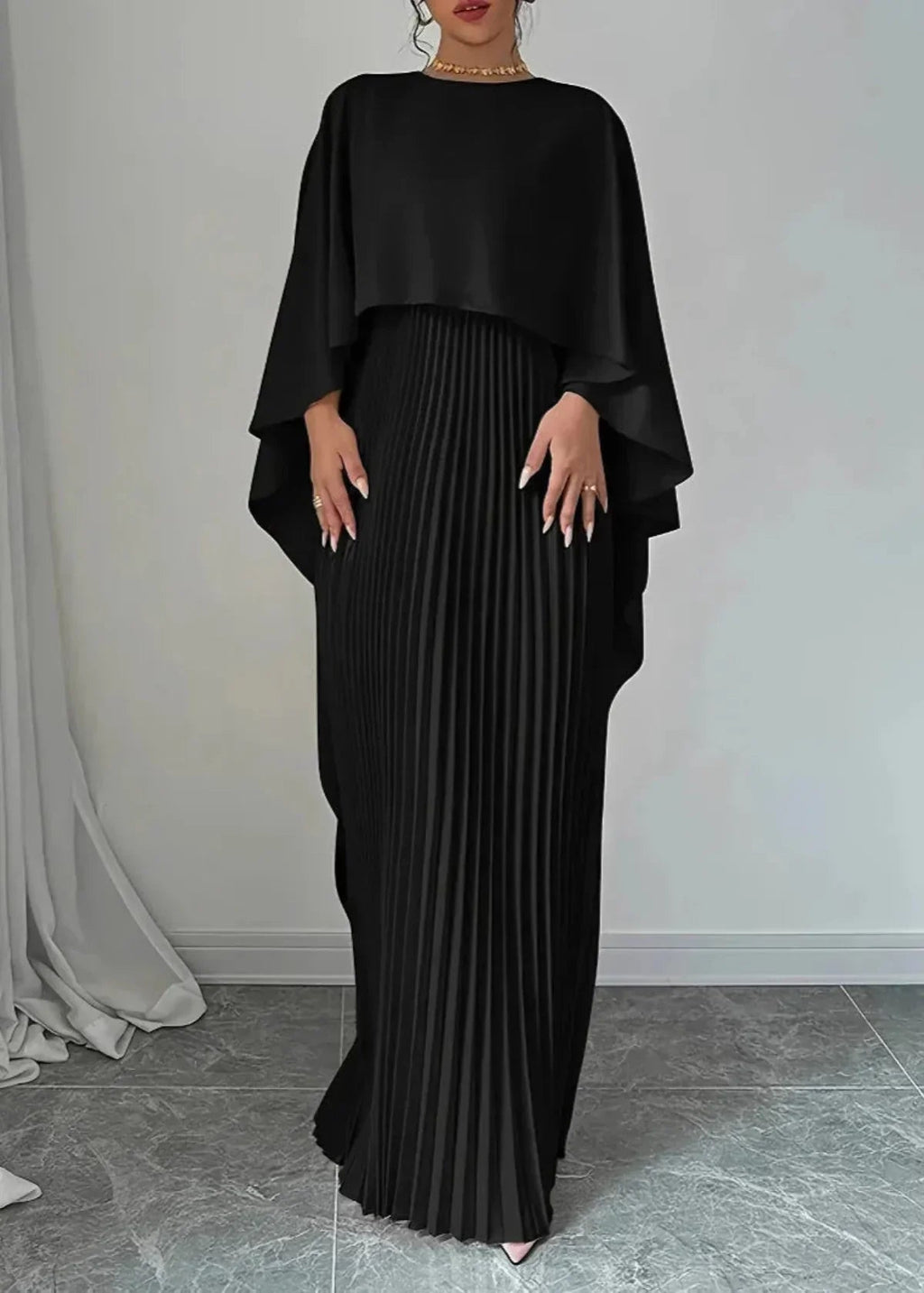 Maxi Dress Women | Pleated Cape Overlay & Elegant Evening Style