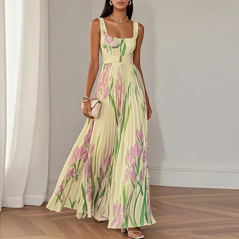 Maxi Dress Women's | Floral Print & Pleated A-Line Skirt