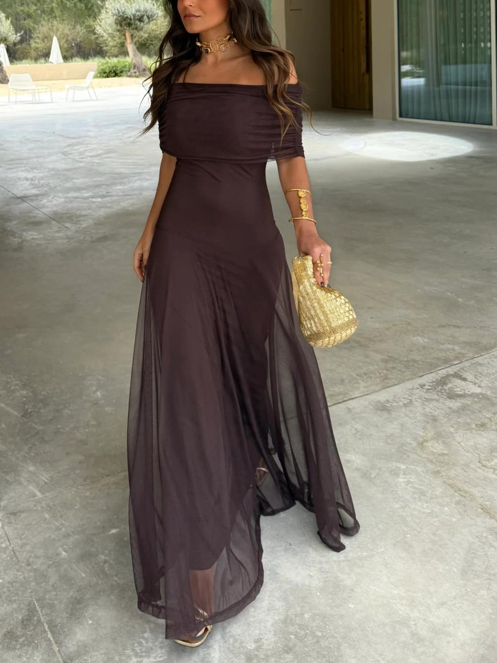 Mia | Elegant Off Shoulder Chiffon Maxi Dress for Women