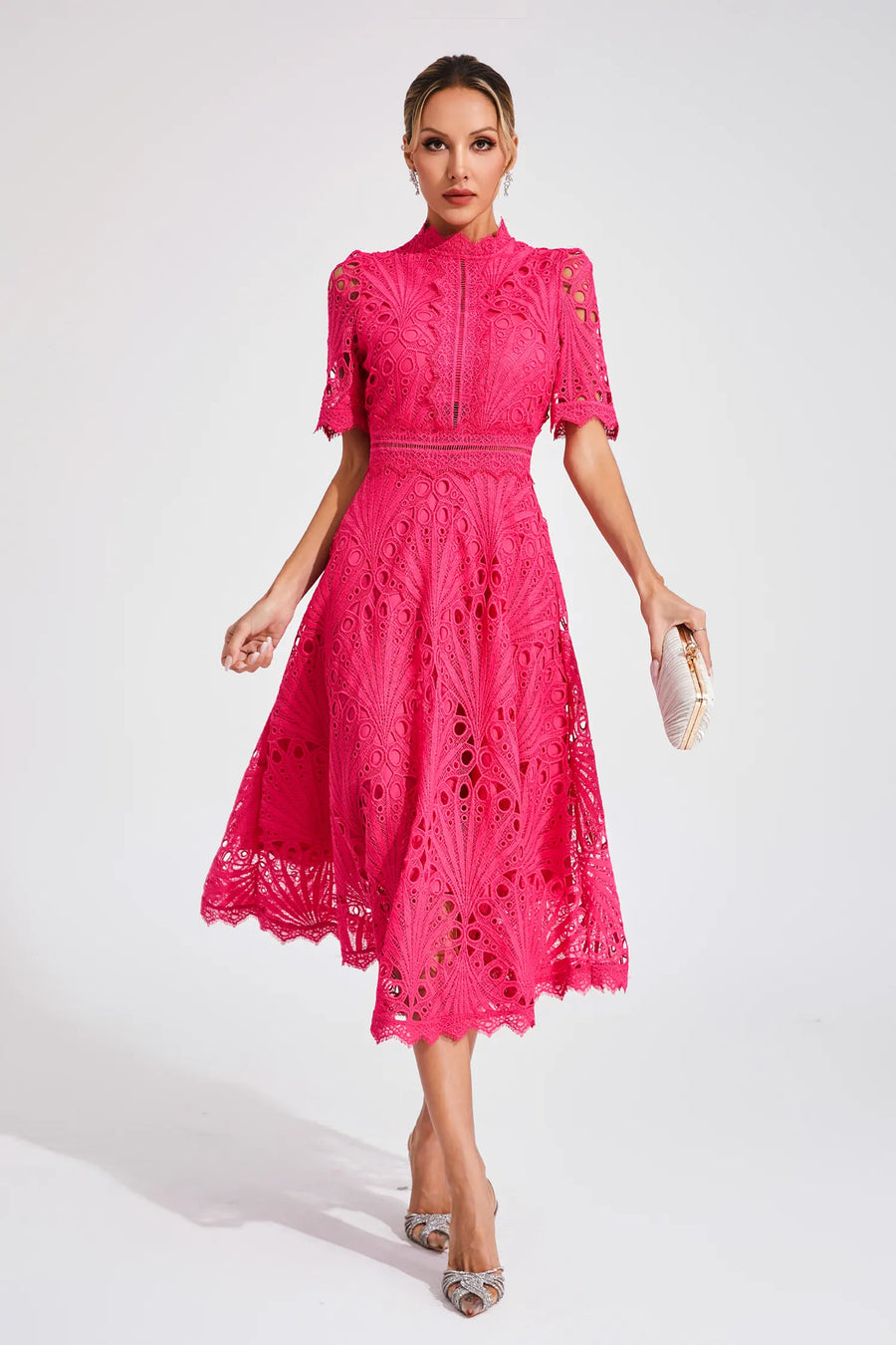 Midi Dress Women | Broderie Lace High Neck & A-Line Occasion Design