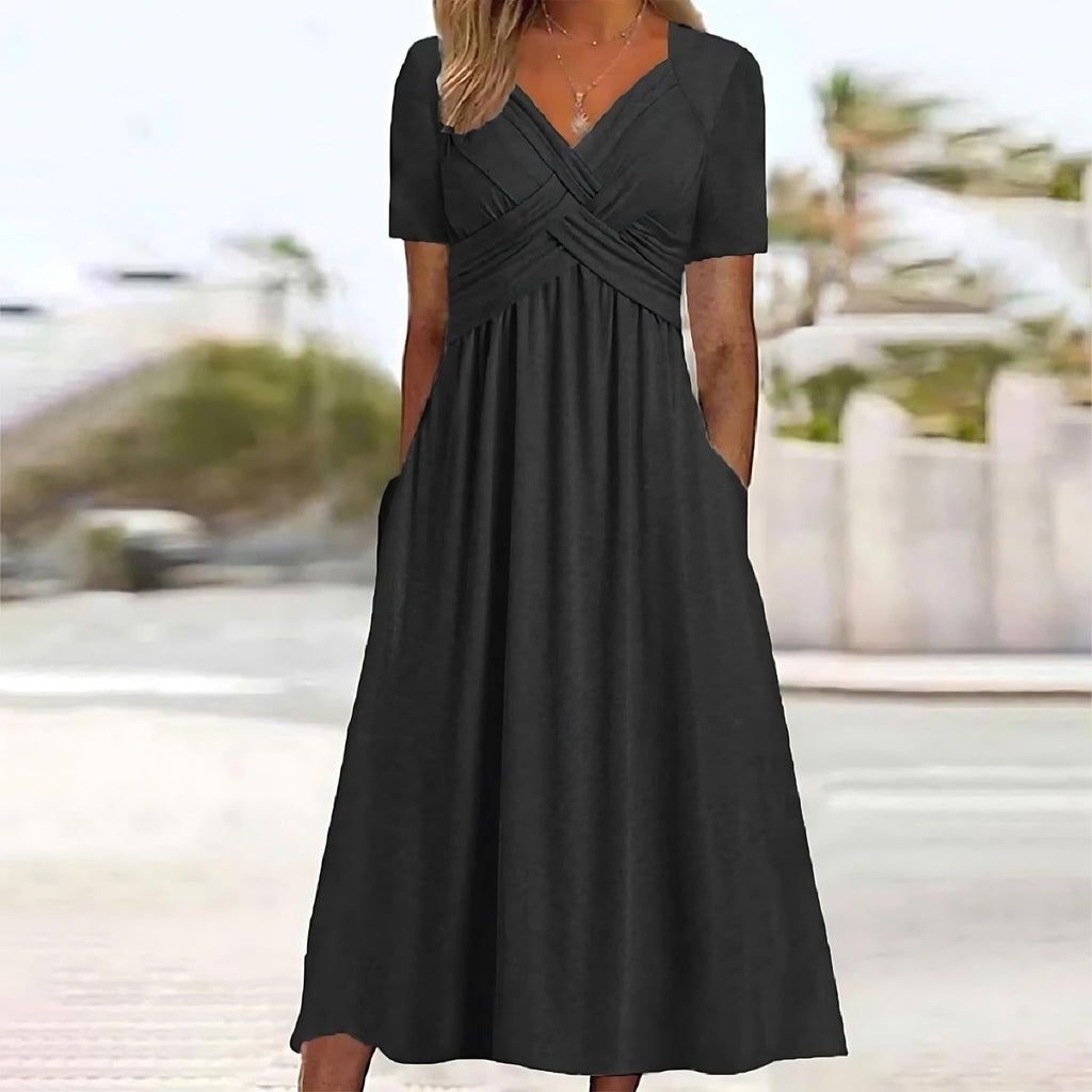 Midi Dress Women | Crossover V-Neck & Ruched Waist Flared Design