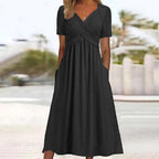 Midi Dress Women | Crossover V-Neck & Ruched Waist Flared Design