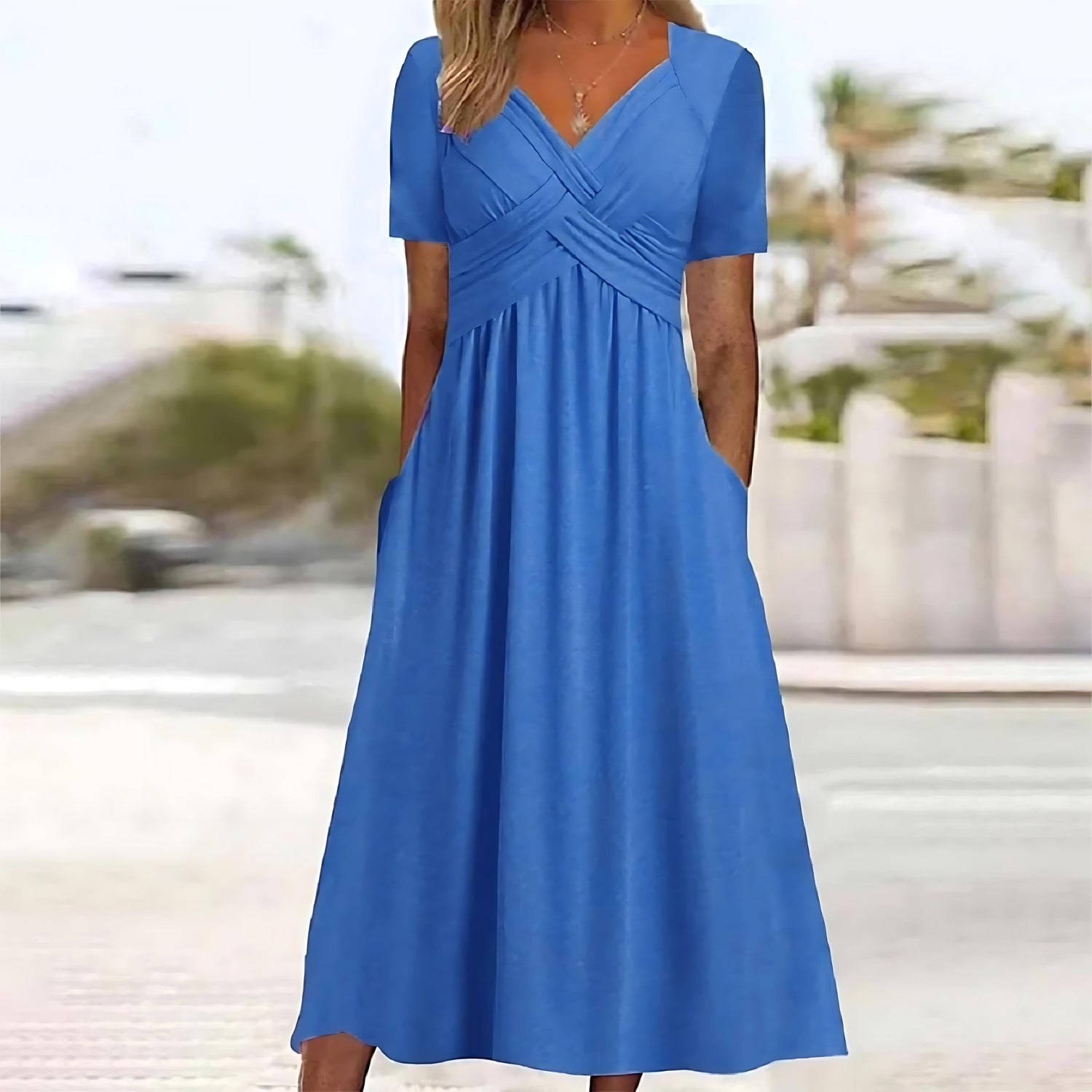 Midi Dress Women | Crossover V-Neck & Ruched Waist Flared Design