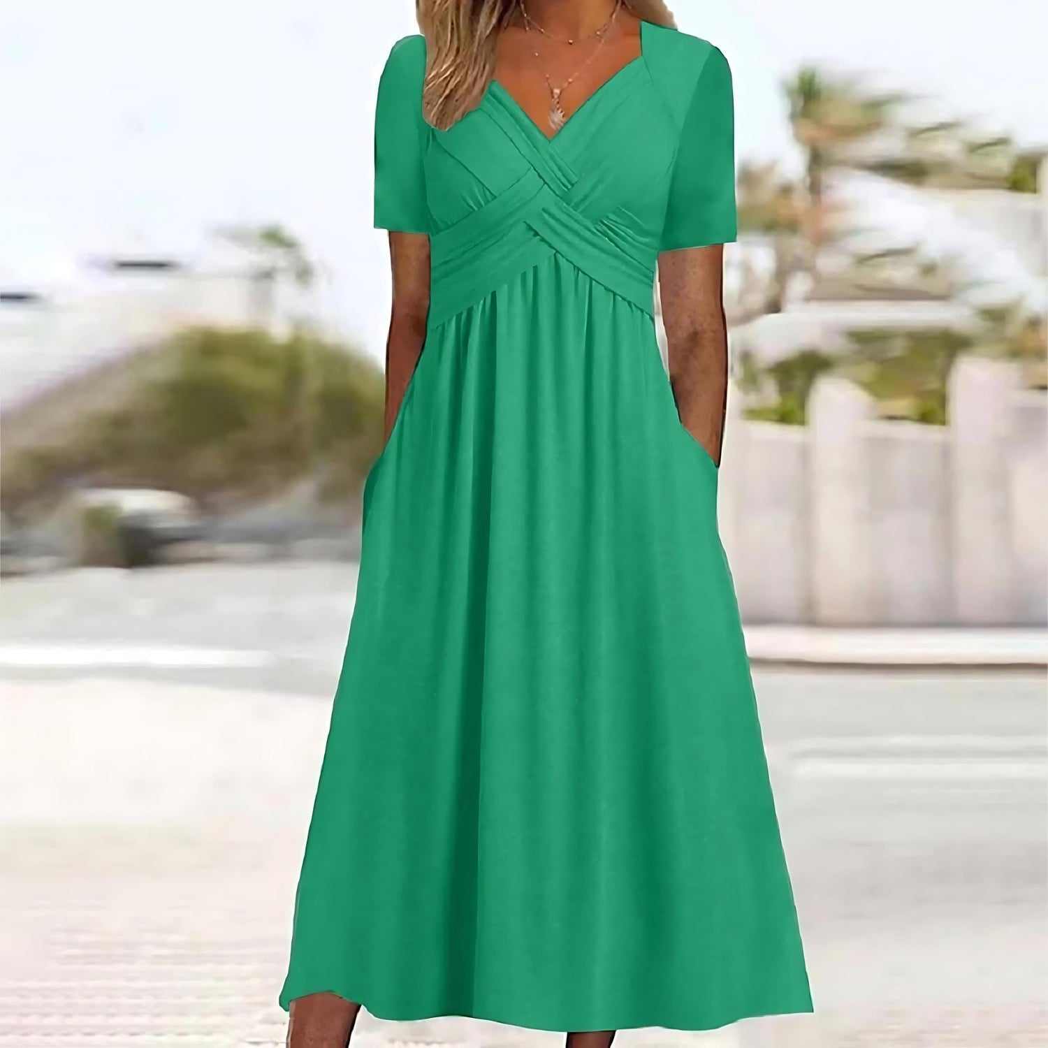 Midi Dress Women | Crossover V-Neck & Ruched Waist Flared Design