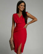 Midi Dress Women | Pleated V-Neck & Bodycon Front Split Evening Style