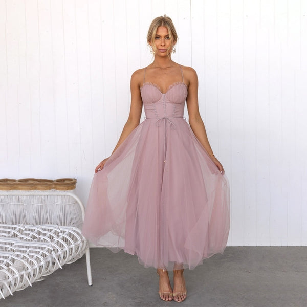 Midi Dress Women | Tulle Skirt Corset Bodice & Spaghetti Strap Design