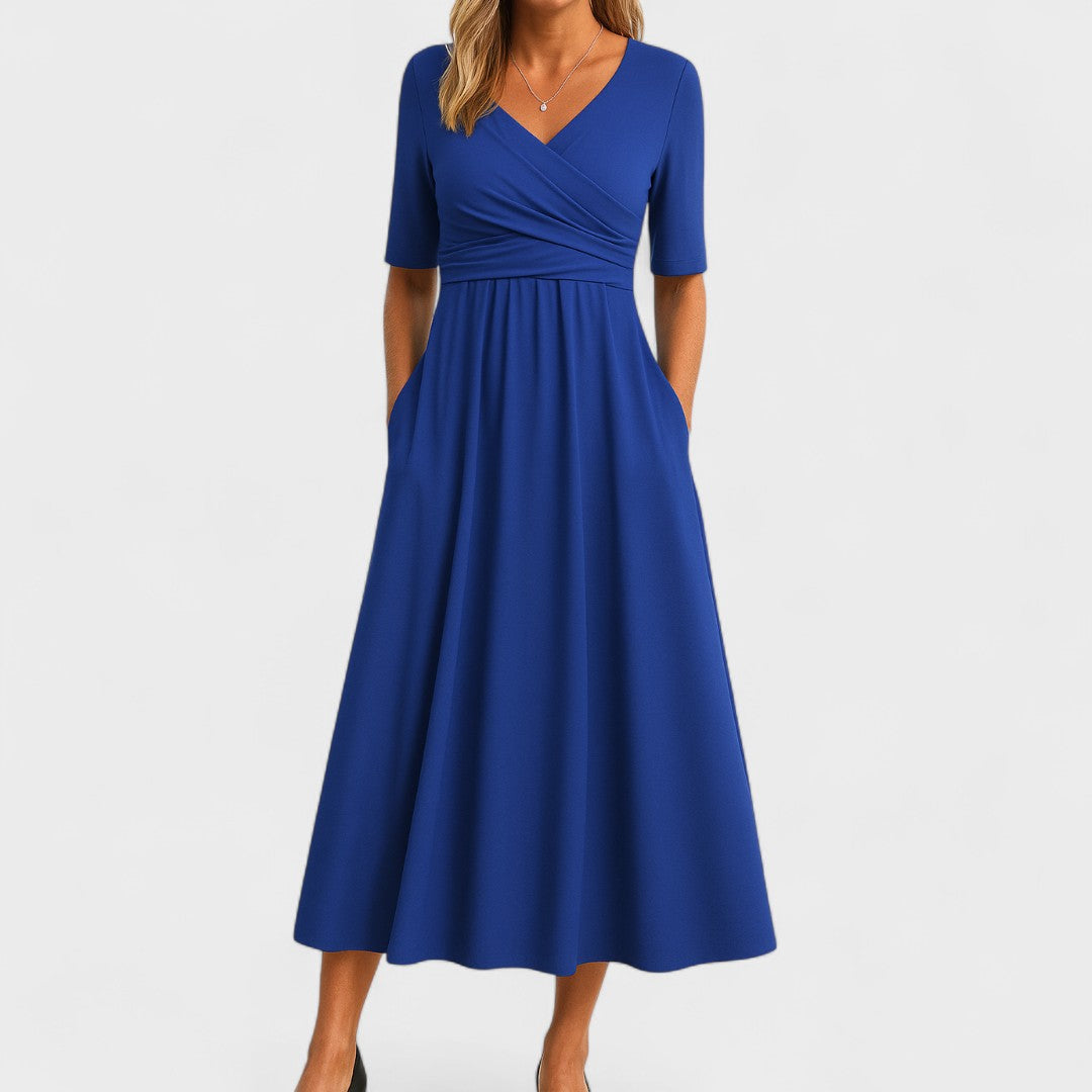 Midi Dress Women | Wrap V-Neck & Ruched Waist A-Line Design