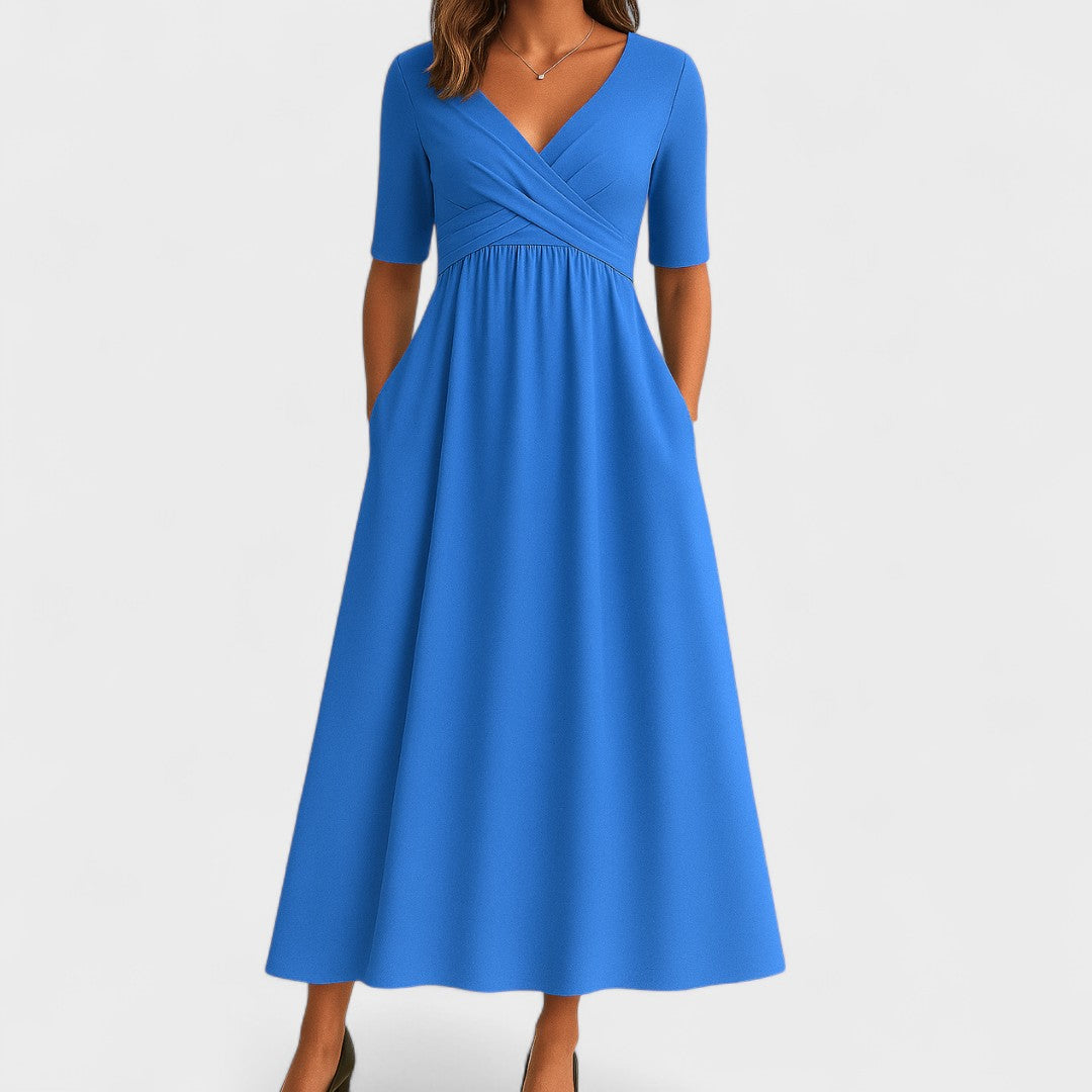 Midi Dress Women | Wrap V-Neck & Ruched Waist A-Line Design