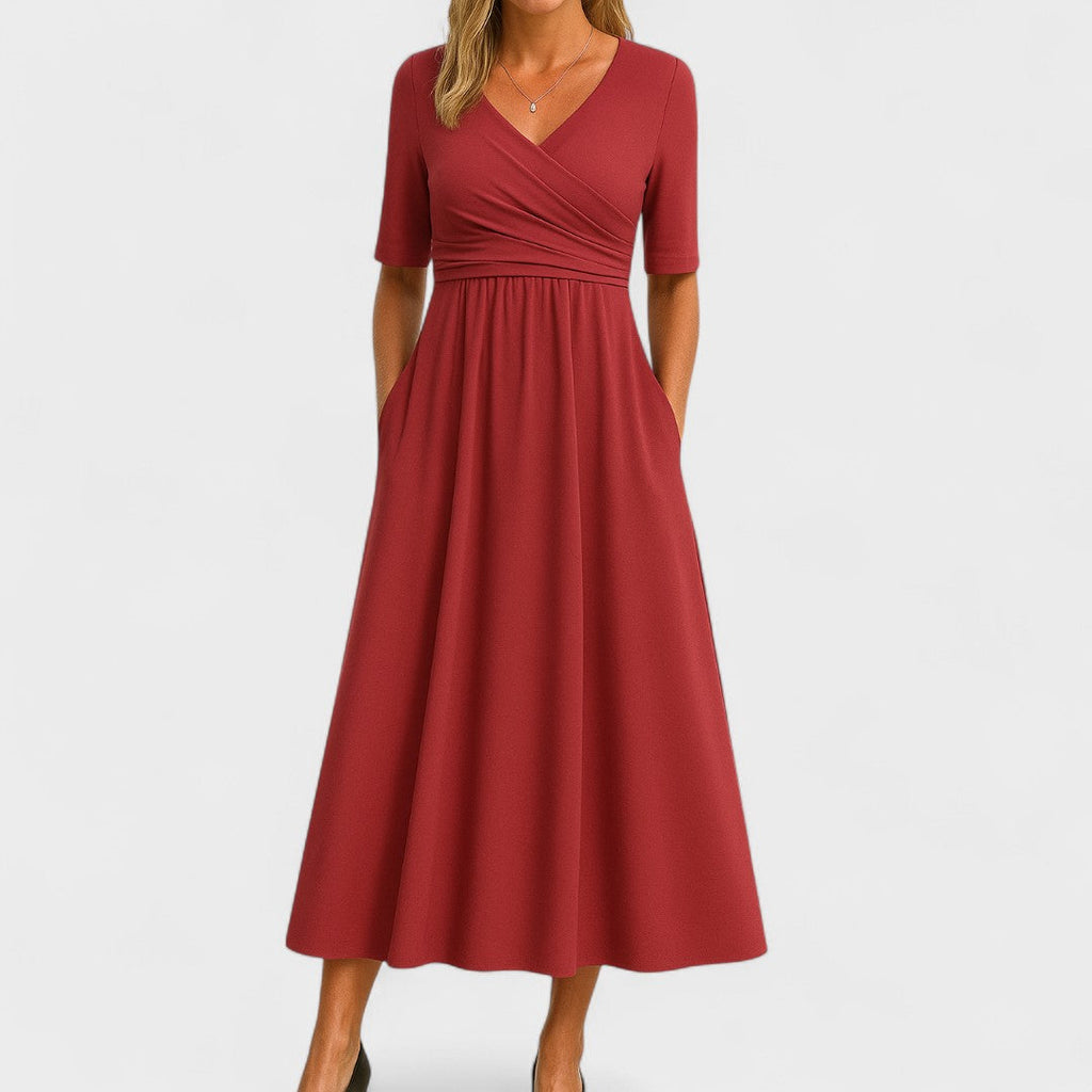 Midi Dress Women | Wrap V-Neck & Ruched Waist A-Line Design
