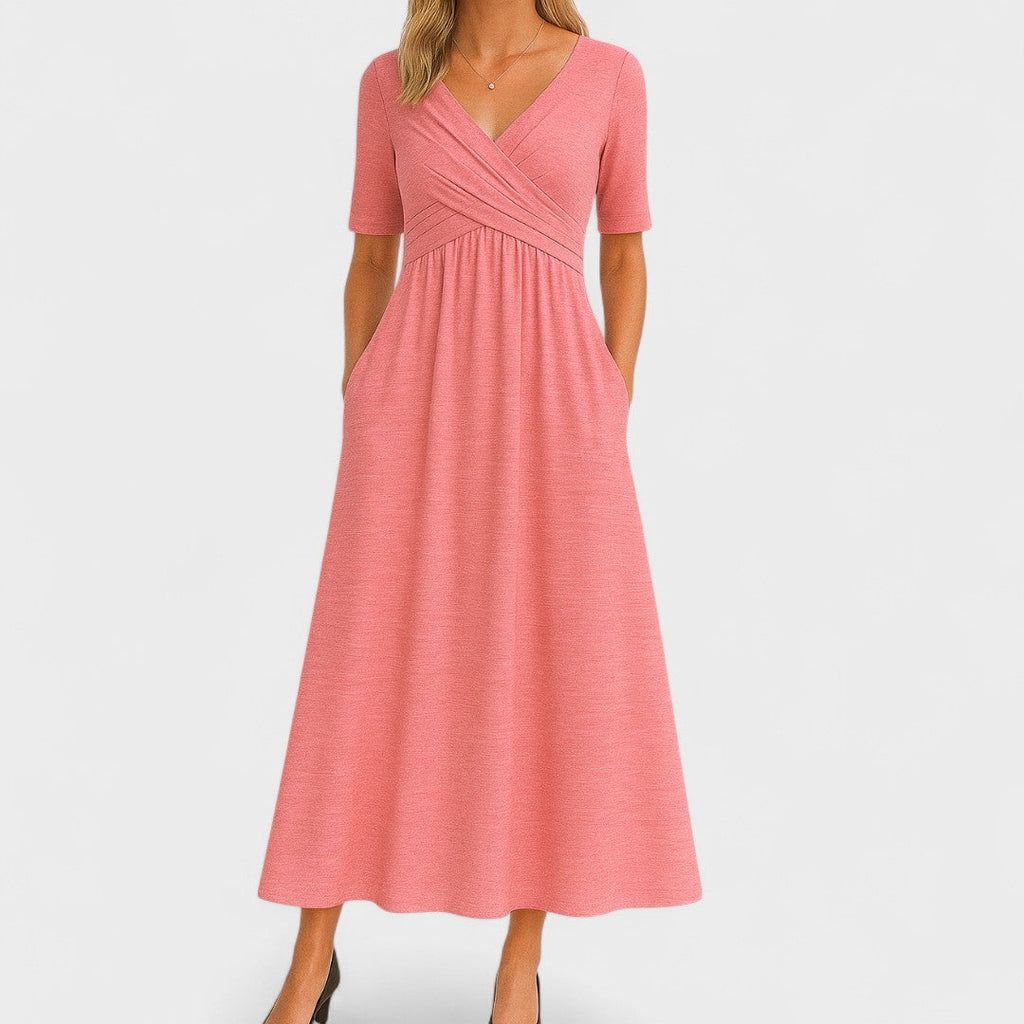 Midi Dress Women | Wrap V-Neck & Ruched Waist A-Line Design
