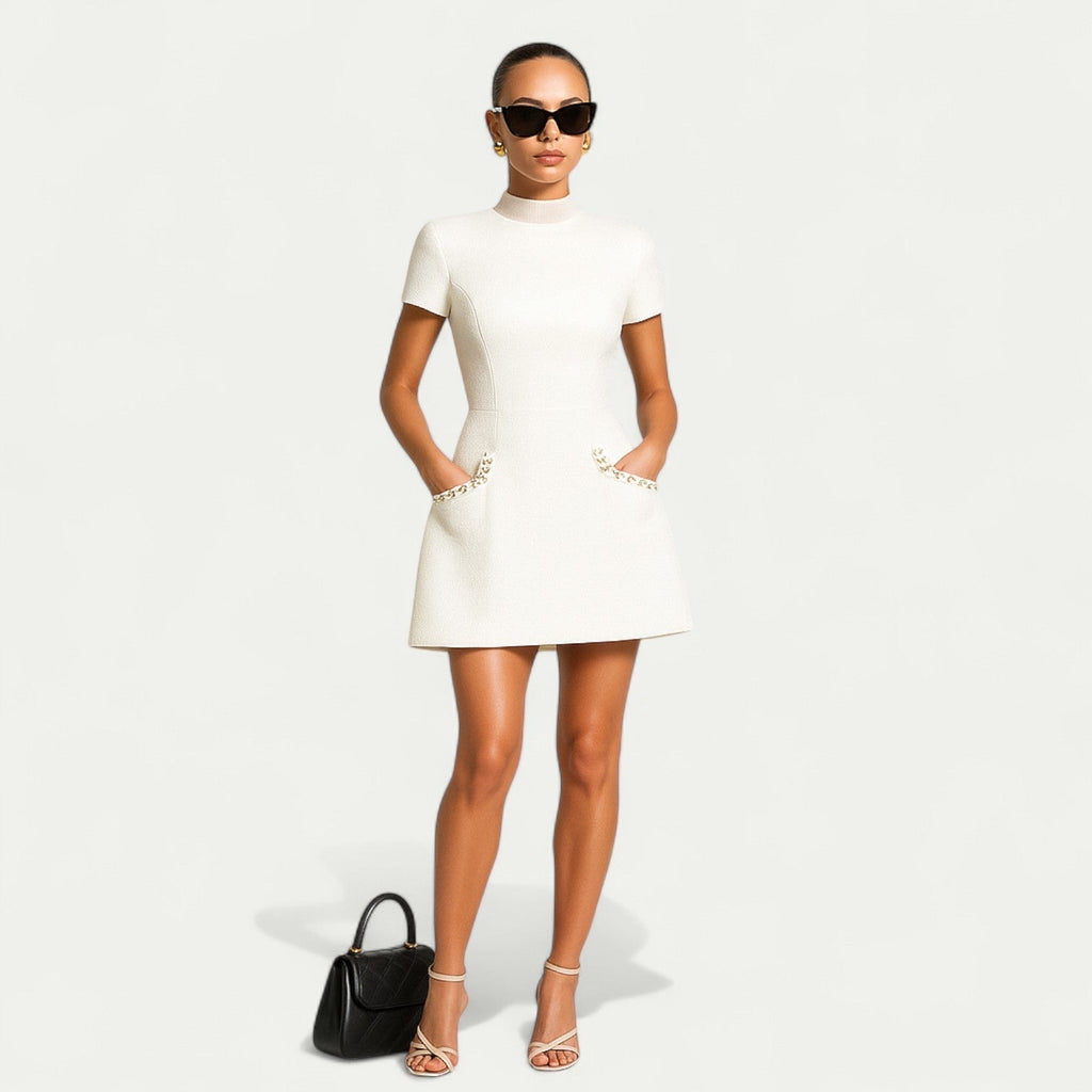 Mini Dress Women | Pearl Trim Collar & Tweed A-Line Design