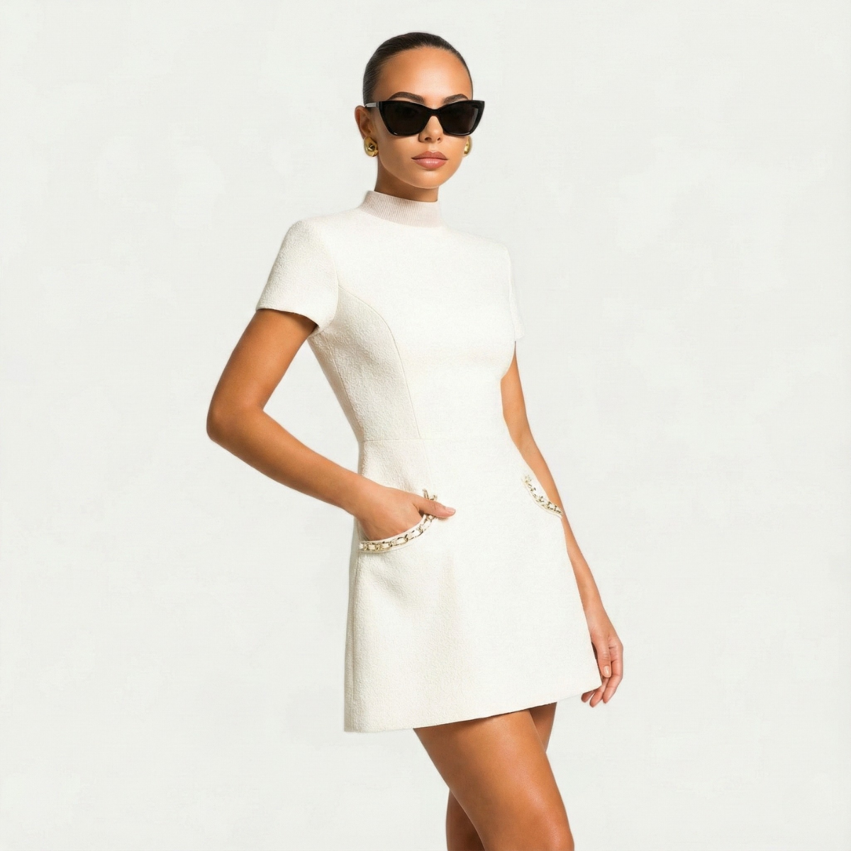 Mini Dress Women | Pearl Trim Collar & Tweed A-Line Design