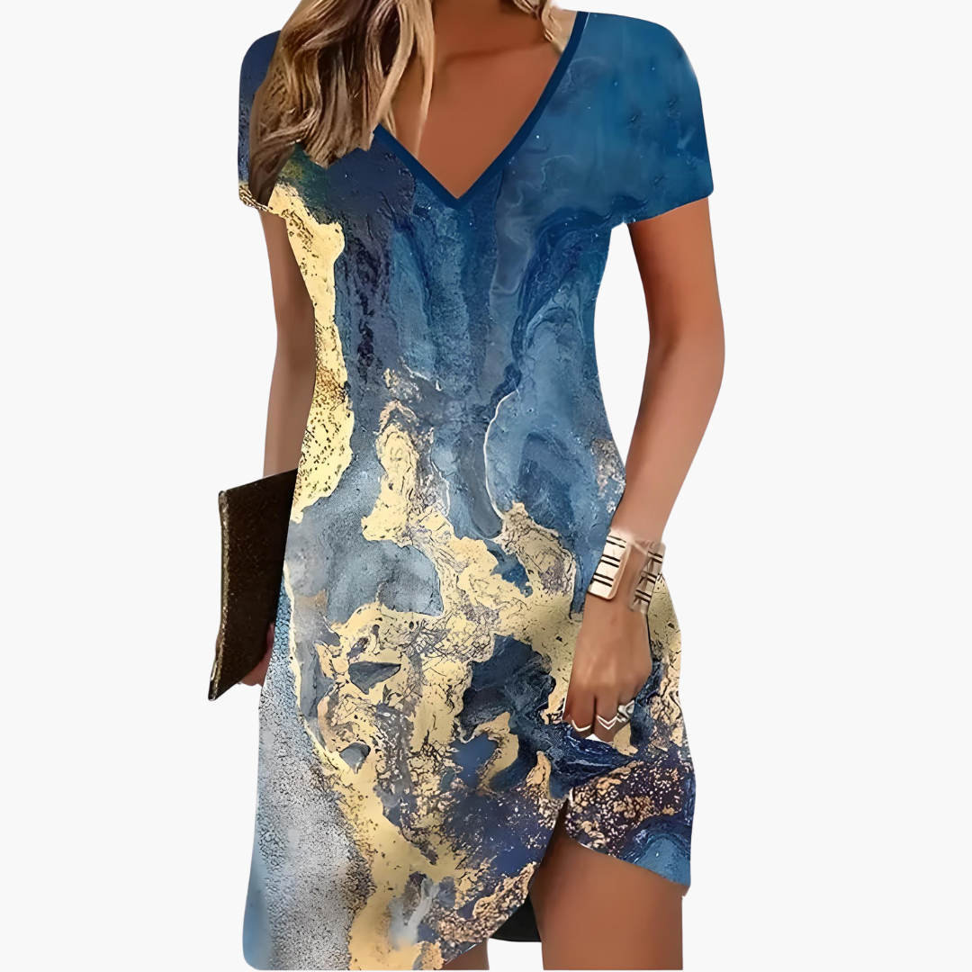 Short Dress Women's | V-Neck & Marble Print