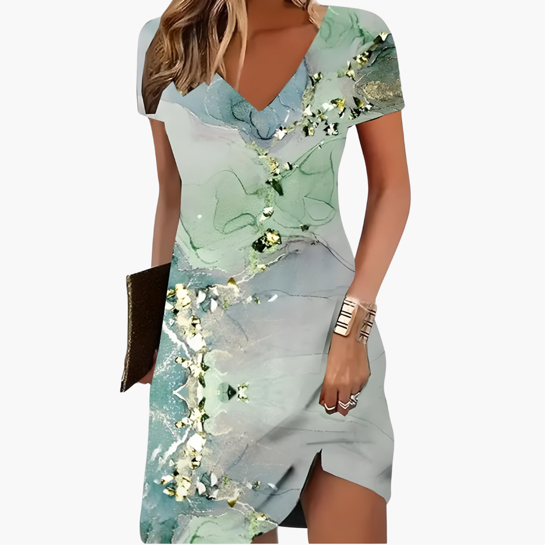Short Dress Women's | V-Neck & Marble Print