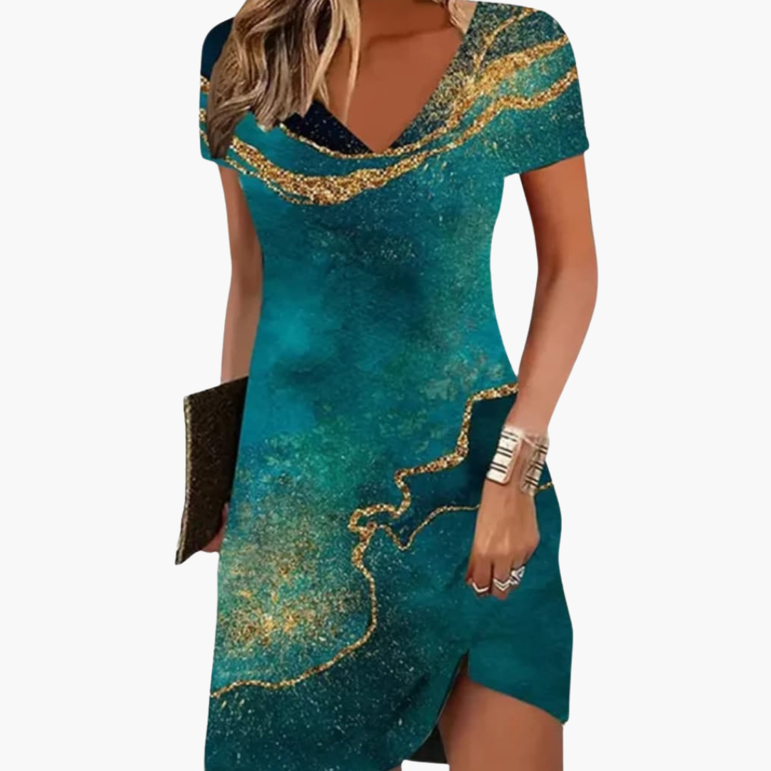 Short Dress Women's | V-Neck & Marble Print