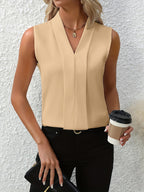 Sleeveless Blouse Women | Pleated V-Neck & Clean Office-Ready Design